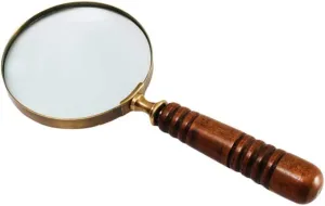 Brass 10X Handheld Magnifier, Wood Handle, Antique, Ideal for Reading, Inspection, Coin & Stamp Collecting, Vintage Gift Decor, 10 inches, 4 inches Diameter, 10X Capacity