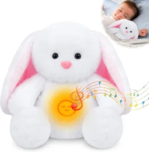 Breathing Bunny Stuffed Animal, 10in White Breathing Stuffed Animal with Soothing Sound Music Lighting, Huggable Sleeping Rabbit Plush Pillow Birthday Gift for Kids Toddlers