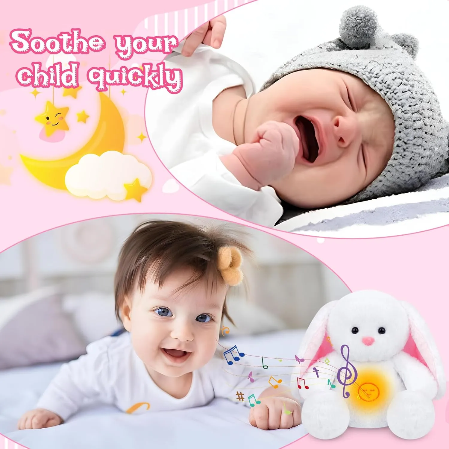Breathing Bunny Stuffed Animal, 10in White Breathing Stuffed Animal with Soothing Sound Music Lighting, Huggable Sleeping Rabbit Plush Pillow Birthday Gift for Kids Toddlers