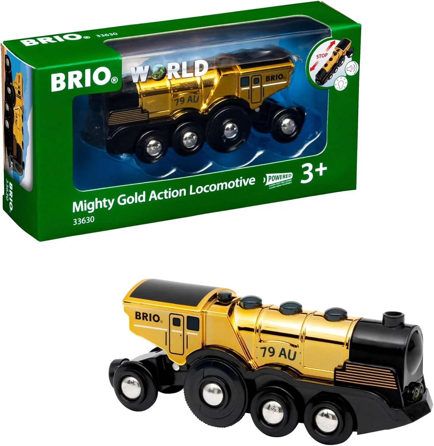 BRIO 33630 World Mighty Golden Action Locomotive - Battery Operated Toy Train with Dynamic Light and Sound Effects | for Kids Age 3 and Up | Compatible with All BRIO Railway Tracks and Vehicles