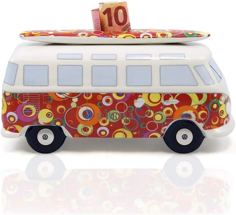 BRISA VW Collection - Volkswagen Savings Bank Piggy Bank Money Coin Box with Surfboard in T1 Bus Samba Design (Classic Bus/Red)