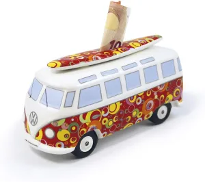 BRISA VW Collection - Volkswagen Savings Bank Piggy Bank Money Coin Box with Surfboard in T1 Bus Samba Design (Classic Bus/Red)