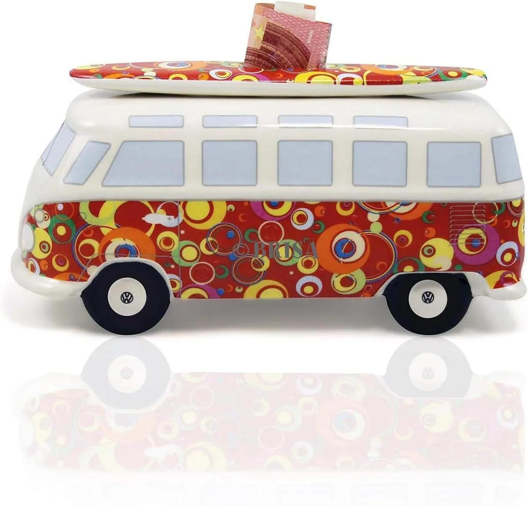 BRISA VW Collection - Volkswagen Savings Bank Piggy Bank Money Coin Box with Surfboard in T1 Bus Samba Design (Classic Bus/Red)