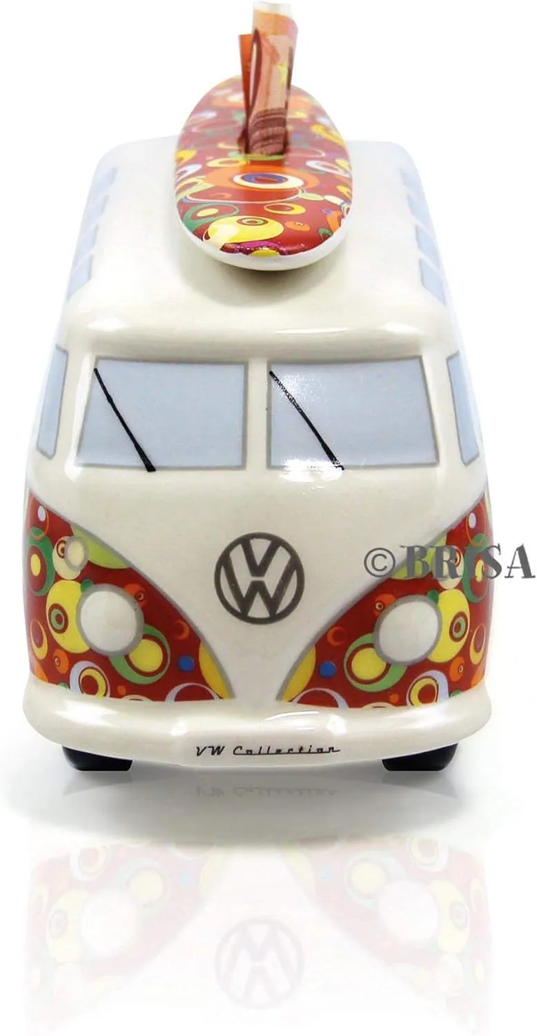 BRISA VW Collection - Volkswagen Savings Bank Piggy Bank Money Coin Box with Surfboard in T1 Bus Samba Design (Classic Bus/Red)
