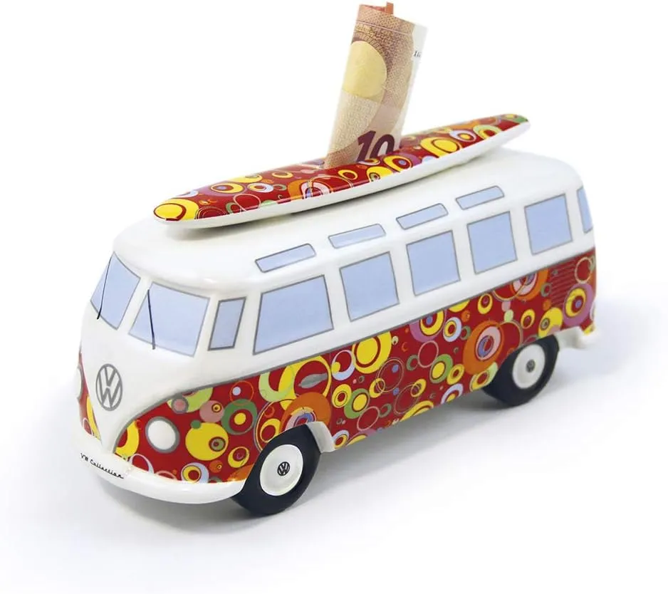 BRISA VW Collection - Volkswagen Savings Bank Piggy Bank Money Coin Box with Surfboard in T1 Bus Samba Design (Classic Bus/Red)