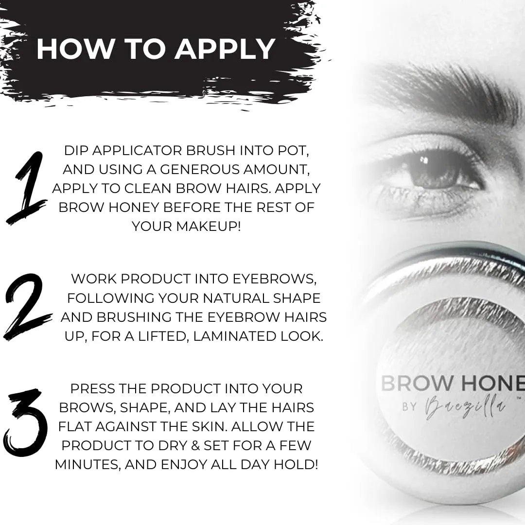 Brow Honey by Baezilla Eyebrow Gel - Long Lasting Clear Waterproof Wax Lamination Gift Set With Brush - Natural Amber Bergamot Scent