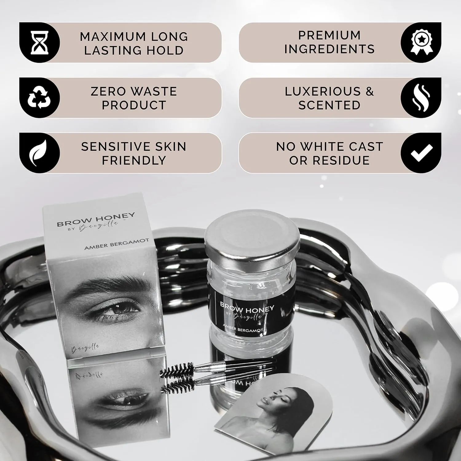 Brow Honey by Baezilla Eyebrow Gel - Long Lasting Clear Waterproof Wax Lamination Gift Set With Brush - Natural Amber Bergamot Scent