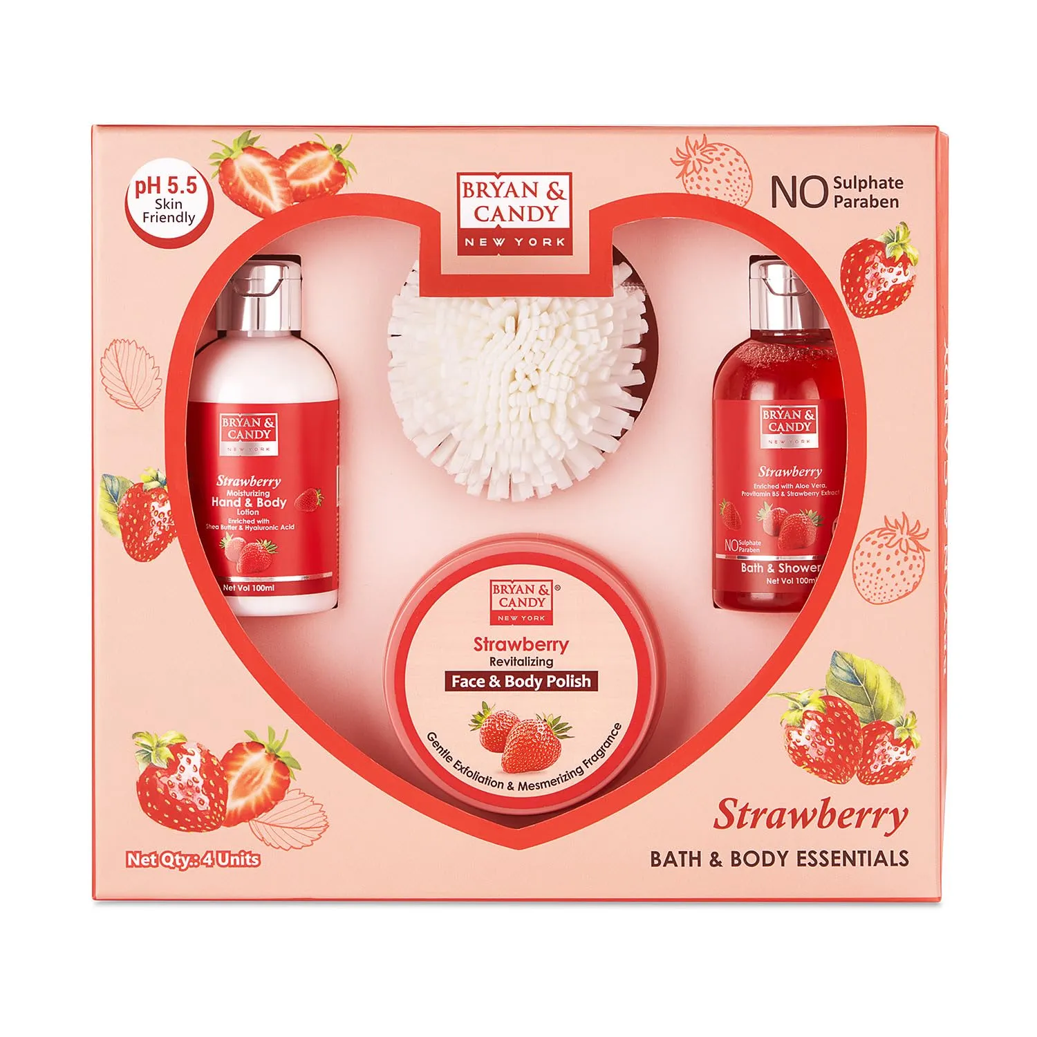 BRYAN & CANDY Strawberry Heart Combo Kit Gift Set For Women And Men (Shower Gel, Hand & Body Lotion, Body Polish, Loofah) 4 Count (Pack Of 1) Multicolor