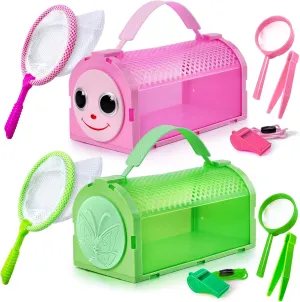 Bug Catcher for Kids, 10 Pcs Outdoor Exploration Kit with 2 Cages, Tweezers, Magnifying Glass, Nets, Whistles - Gift for Boys & Girls Aged 3-12