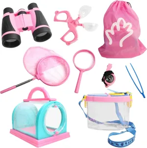 Bug Catcher for Kids Explorer Kit Kids Bug Catching Kit, Bug Catcher Kit for Kid with Binoculars, Magnifying Glass, Butterfly Kit for Girls Aged 3 (Pink)