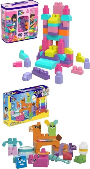 Bundle of MEGA BLOKS Fisher-Price Toddler Block Toys, Big Building Bag with 80 Pieces and Storage Bag, Pink   Sensory Building Toys Playset, Musical Farm Band with 45 Toddler Blocks and 6 Music Sheets
