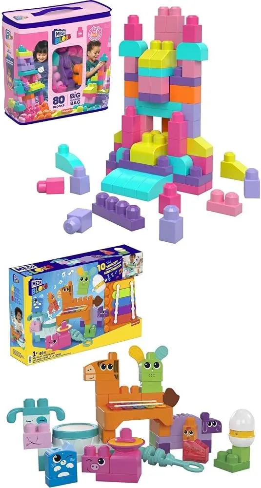 Bundle of MEGA BLOKS Fisher-Price Toddler Block Toys, Big Building Bag with 80 Pieces and Storage Bag, Pink   Sensory Building Toys Playset, Musical Farm Band with 45 Toddler Blocks and 6 Music Sheets