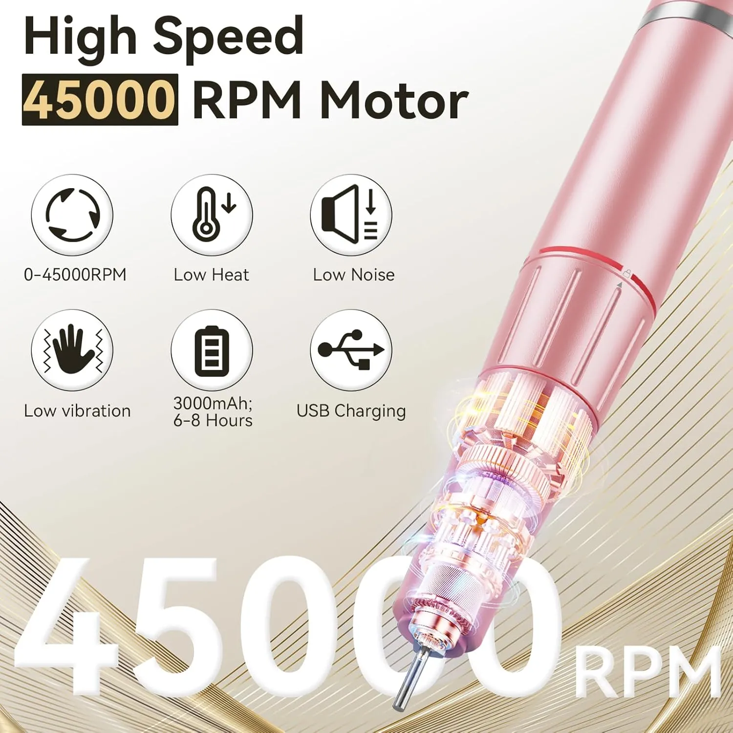 Cadrim Electric Nail Drill Professional 45000 RPM,Rechargeable Electric Nail File Kit, Portable Efile Nail Drill for Acrylic Gel Nails Polishing Removing, Pink Nail Drills for Manicure Salon Home