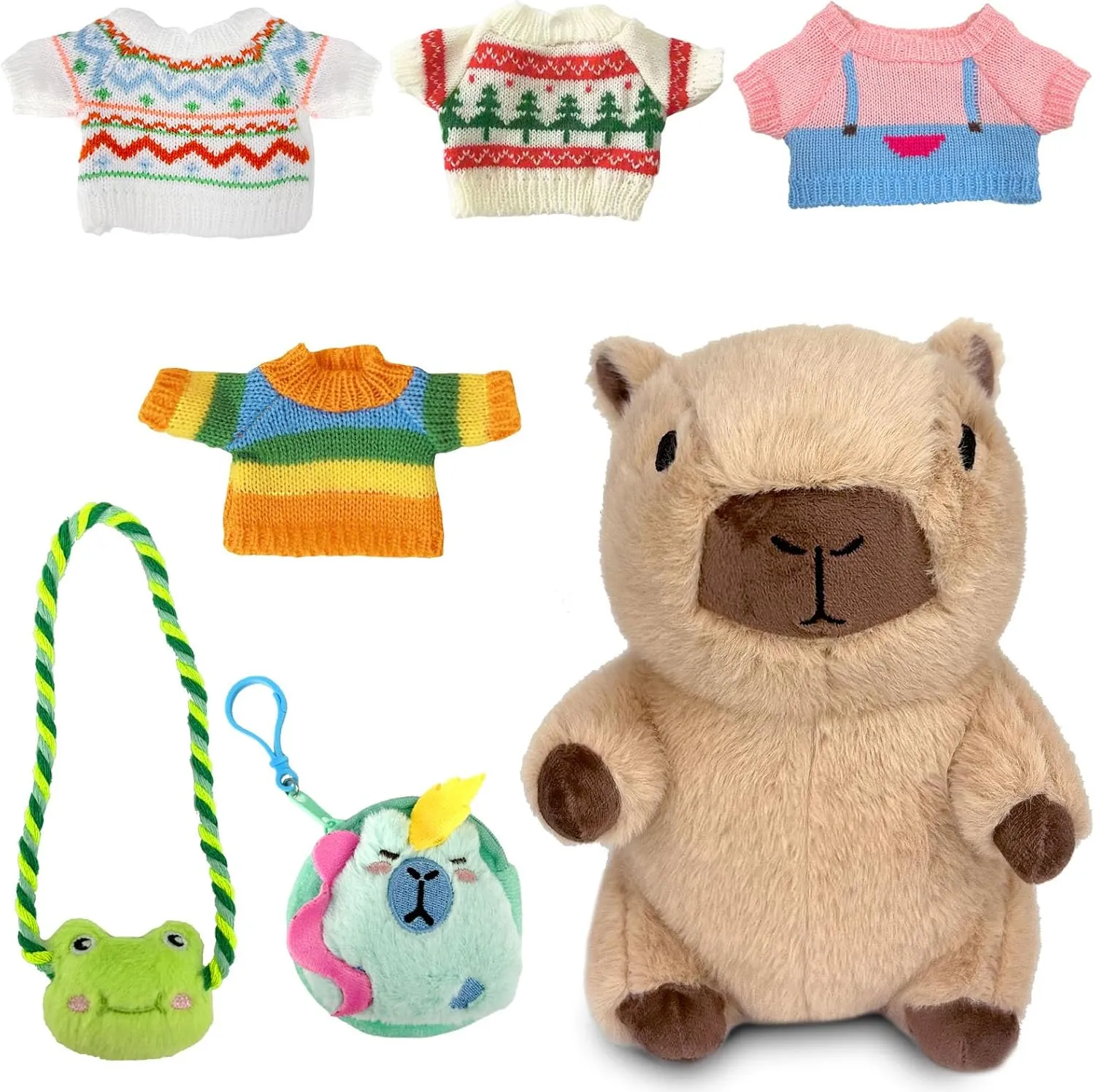 Capybara Plush with Clothes & Accessories, 7 Pcs Capybara Stuffed Animal, Capybara Dress Up Plush, Capibara Peluche, Capibara Stuff Gifts for Boys and Girls