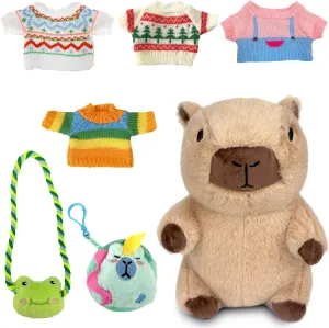 Capybara Plush with Clothes & Accessories, 7 Pcs Capybara Stuffed Animal, Capybara Dress Up Plush, Capibara Peluche, Capibara Stuff Gifts for Boys and Girls
