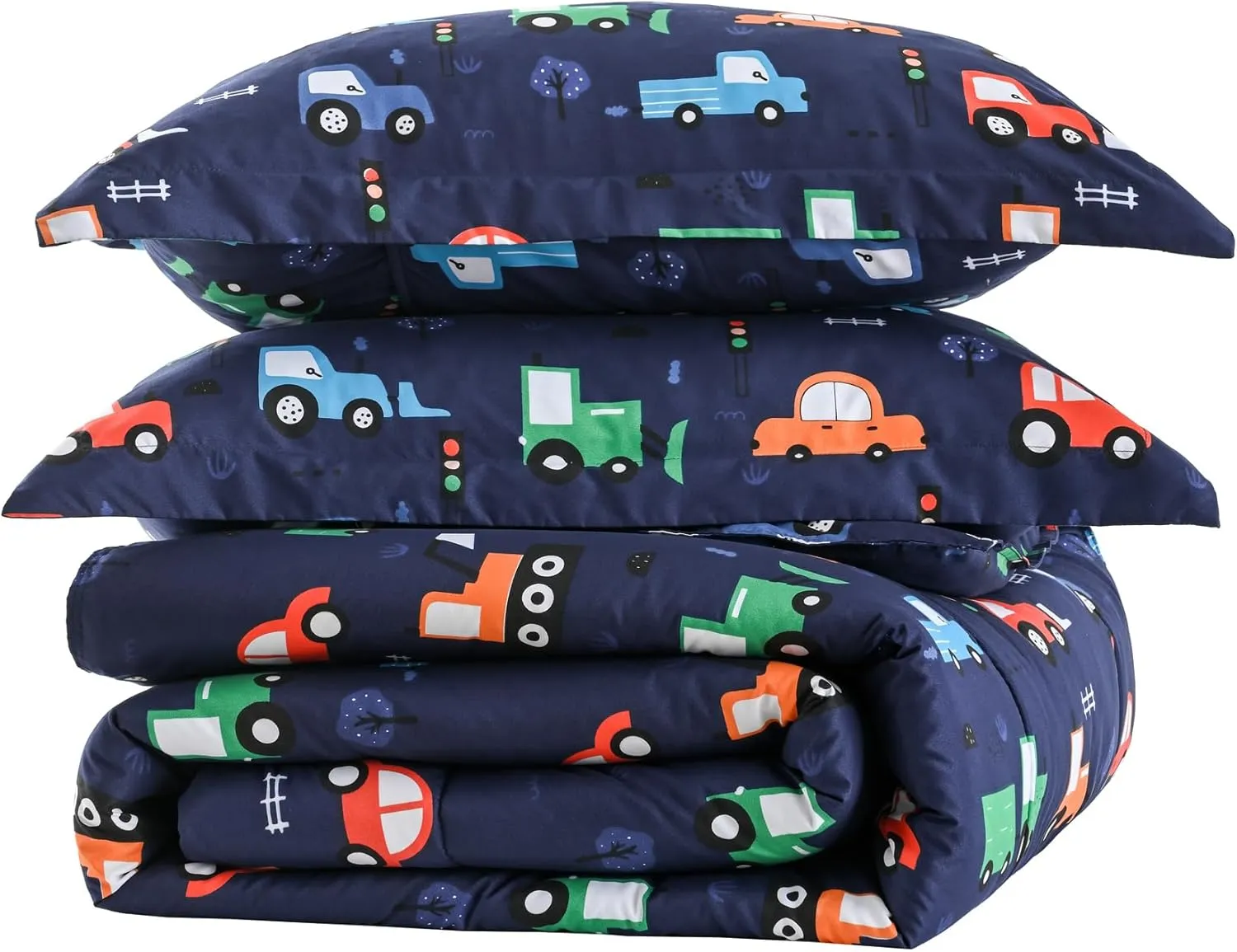 Car Kids Comforter Set for Boys Full Size, Cute Reversible Quilted Navy Blue Printed Construction Toddler Bedding Set with Pillow Sham, Lightweight Soft Breathable Machine Washable Bed Set 3 Piece