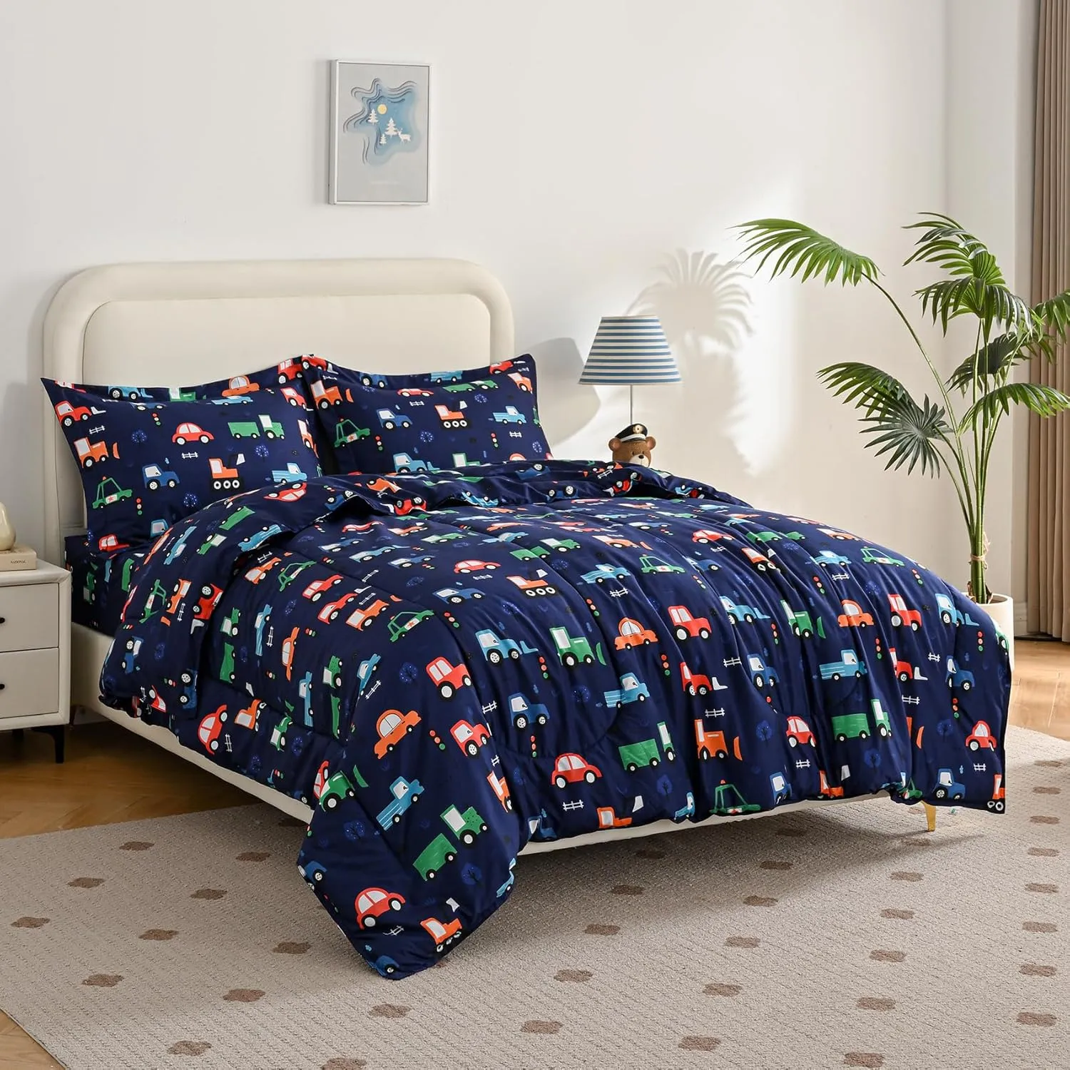 Car Kids Comforter Set for Boys Full Size, Cute Reversible Quilted Navy Blue Printed Construction Toddler Bedding Set with Pillow Sham, Lightweight Soft Breathable Machine Washable Bed Set 3 Piece