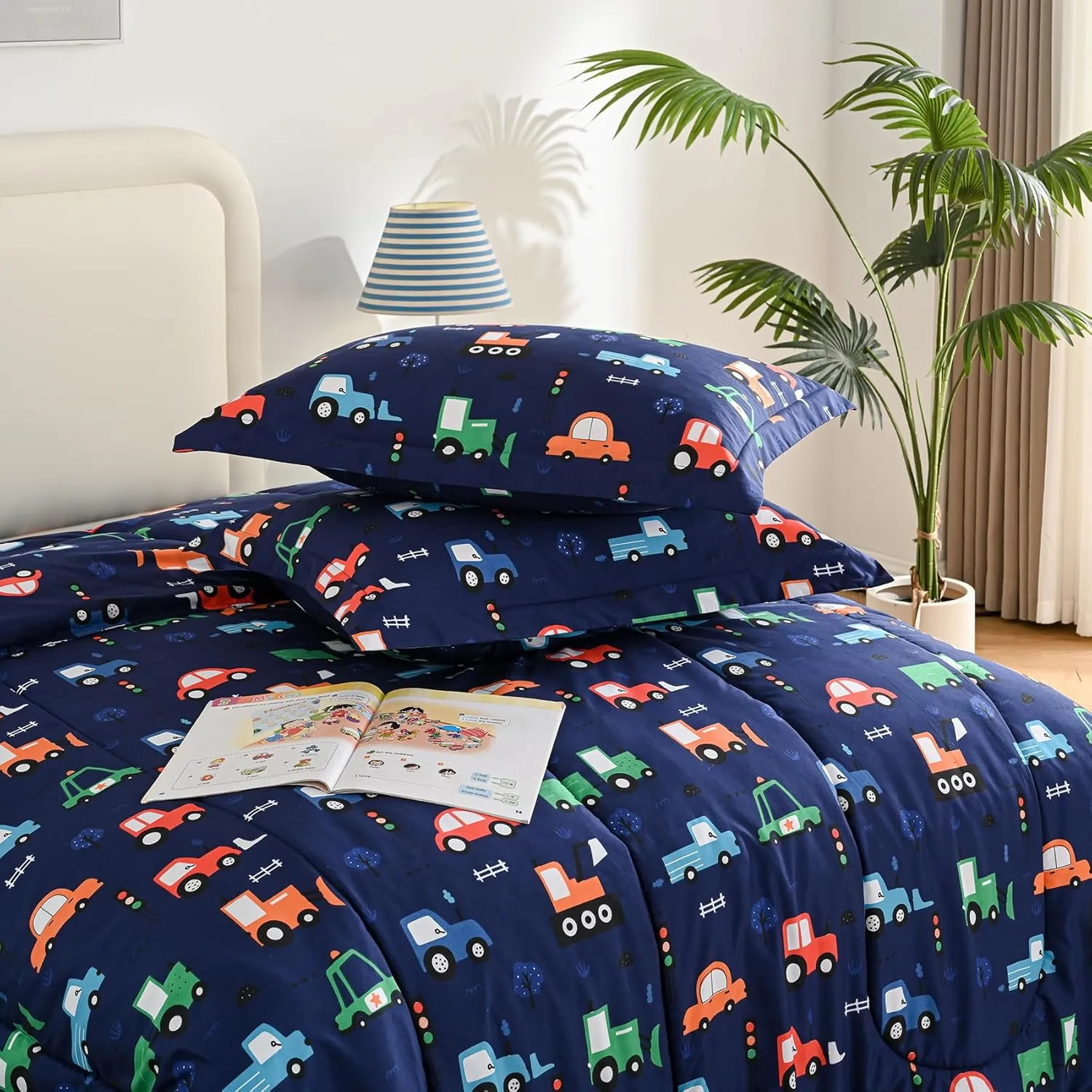 Car Kids Comforter Set for Boys Full Size, Cute Reversible Quilted Navy Blue Printed Construction Toddler Bedding Set with Pillow Sham, Lightweight Soft Breathable Machine Washable Bed Set 3 Piece