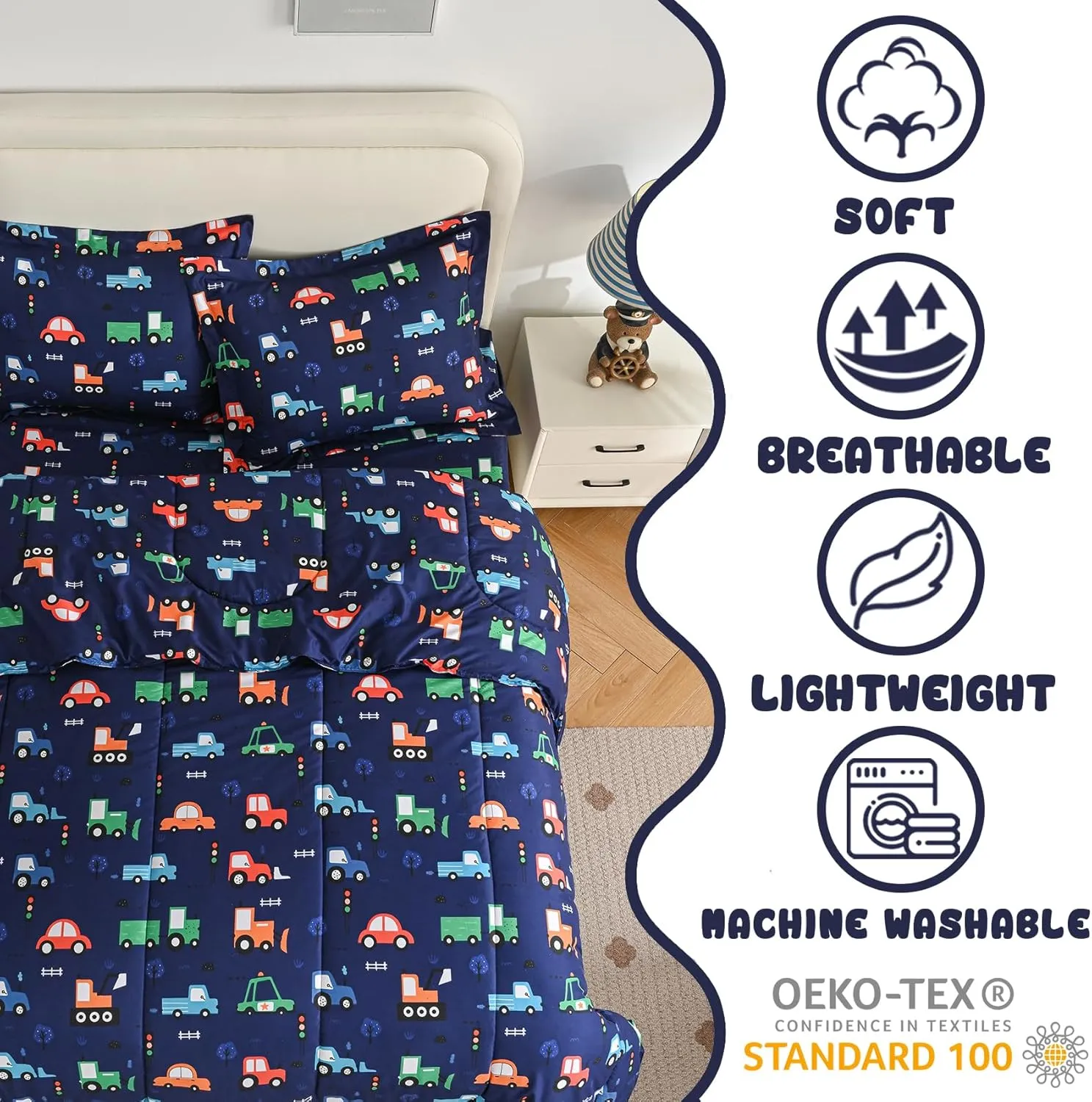 Car Kids Comforter Set for Boys Full Size, Cute Reversible Quilted Navy Blue Printed Construction Toddler Bedding Set with Pillow Sham, Lightweight Soft Breathable Machine Washable Bed Set 3 Piece