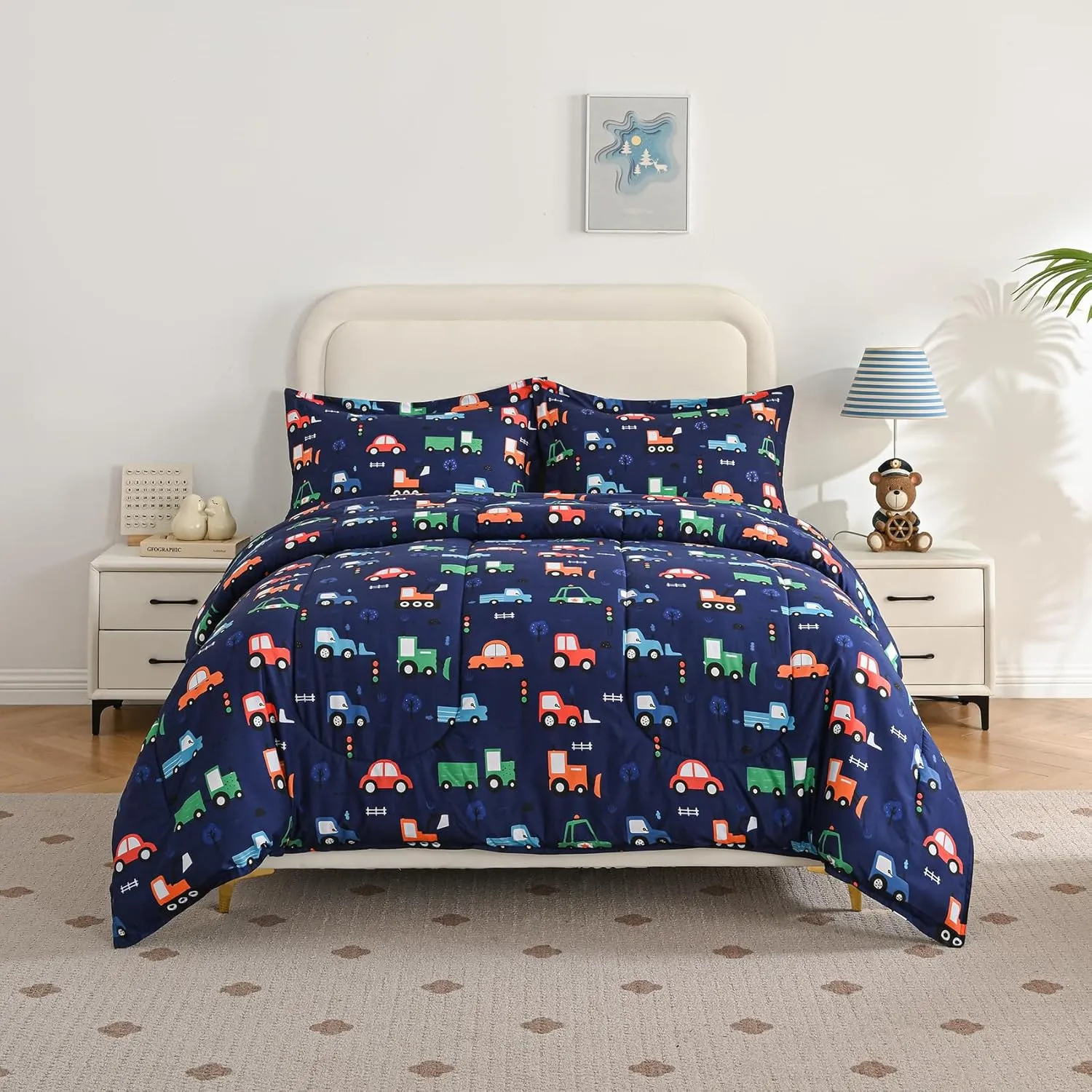 Car Kids Comforter Set for Boys Full Size, Cute Reversible Quilted Navy Blue Printed Construction Toddler Bedding Set with Pillow Sham, Lightweight Soft Breathable Machine Washable Bed Set 3 Piece