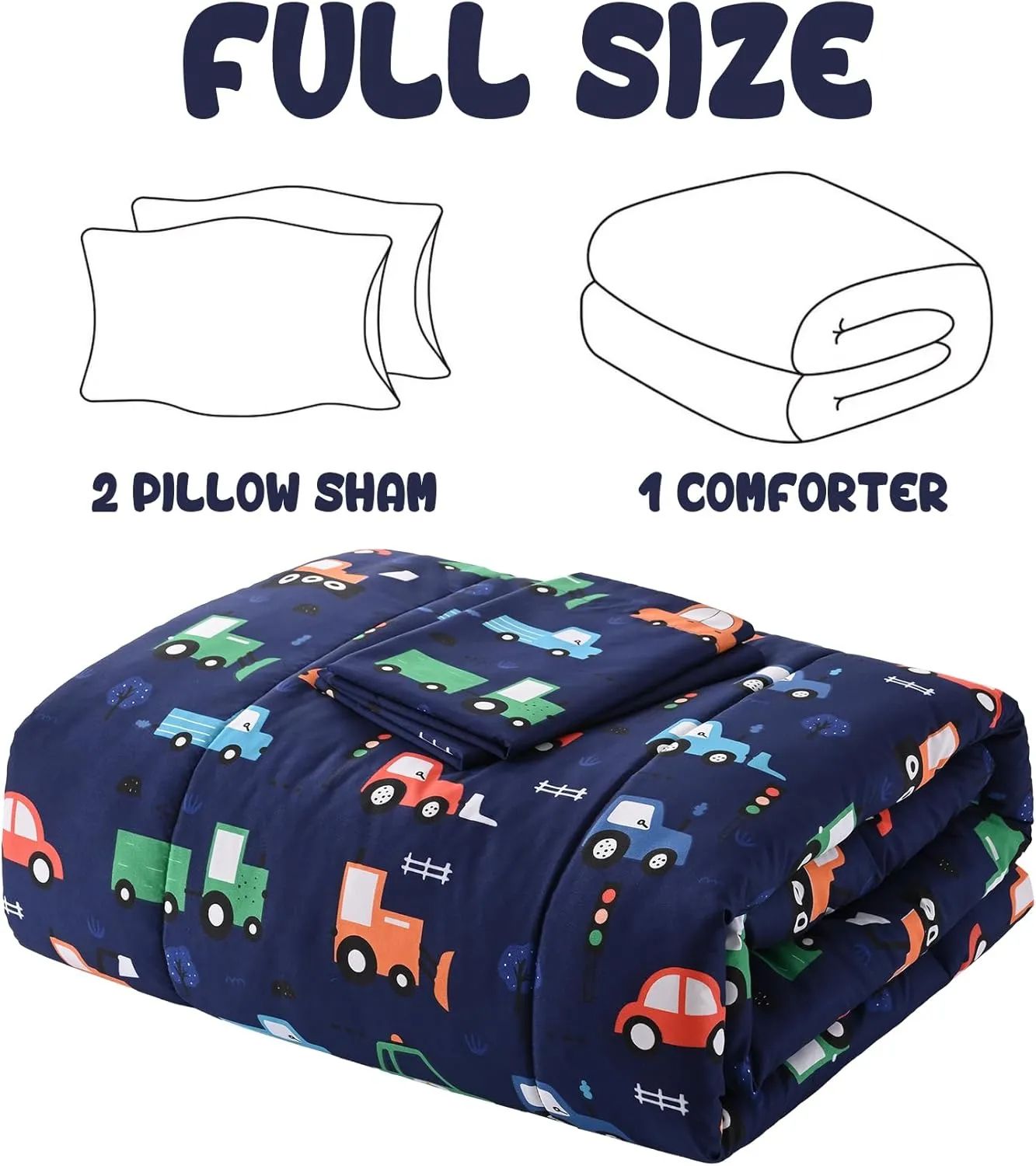 Car Kids Comforter Set for Boys Full Size, Cute Reversible Quilted Navy Blue Printed Construction Toddler Bedding Set with Pillow Sham, Lightweight Soft Breathable Machine Washable Bed Set 3 Piece