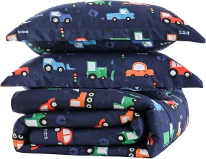 Car Kids Comforter Set for Boys Full Size, Cute Reversible Quilted Navy Blue Printed Construction Toddler Bedding Set with Pillow Sham, Lightweight Soft Breathable Machine Washable Bed Set 3 Piece