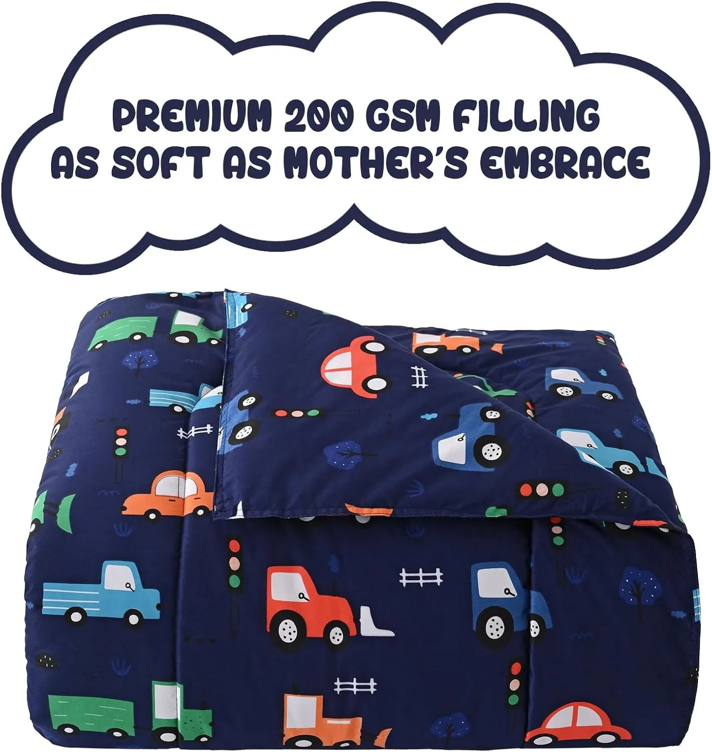 Car Kids Comforter Set for Boys Full Size, Cute Reversible Quilted Navy Blue Printed Construction Toddler Bedding Set with Pillow Sham, Lightweight Soft Breathable Machine Washable Bed Set 3 Piece