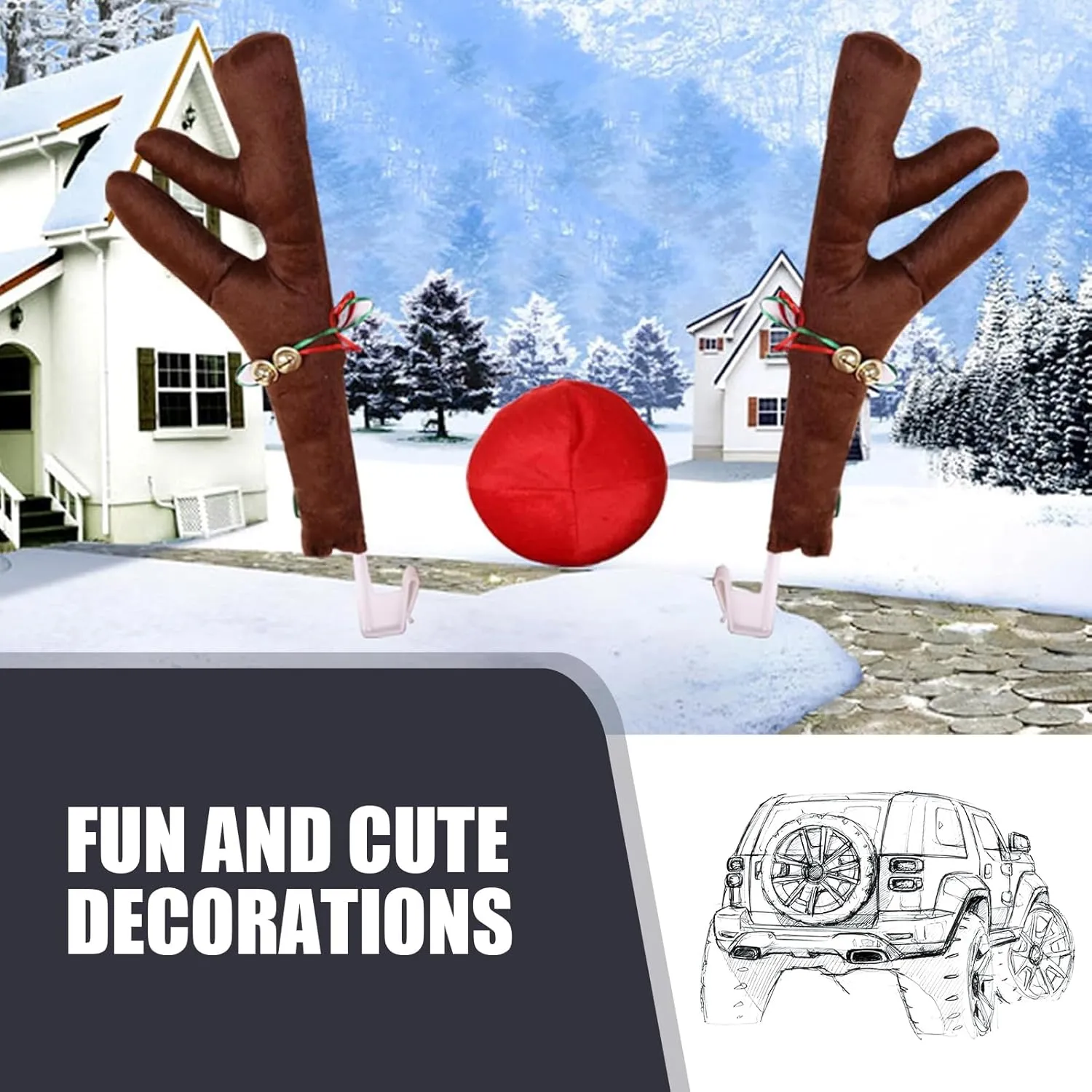 Car Reindeer Antler Kit and Nose Tail - Advanced Santa Decoration Set for Car Window, Roof, and Front Grille - Christmas Holiday Decorations Suitable for Most Cars (Brown)