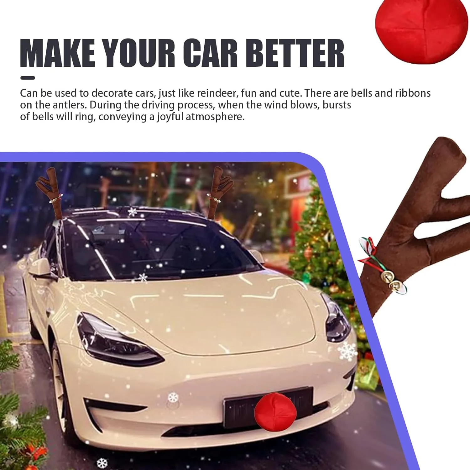 Car Reindeer Antler Kit and Nose Tail - Advanced Santa Decoration Set for Car Window, Roof, and Front Grille - Christmas Holiday Decorations Suitable for Most Cars (Brown)