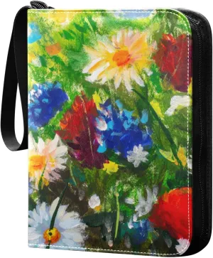 Card Binder 4 Pocket, Colorful Flowers Painting Trading Card Binder Holder Fits 400 Cards with 50 Sleeves, Card Collection Binder Album Book Holder for Baseball Football Games Cards