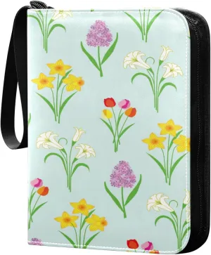 Card Binder 4 Pocket, Trading Card Binder Holder Fits 400 Cards with 50 Sleeves, Card Collection Binder Album Book Holder for Baseball Football Games Cards, Colorful Flowers