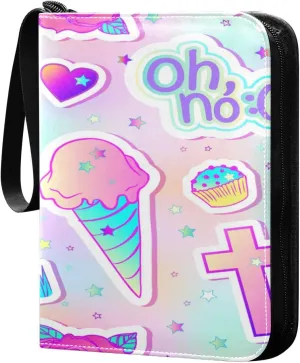 Card Binder 4 Pocket, Trading Card Binder Holder Fits 400 Cards with 50 Sleeves, Card Collection Binder Album Book Holder for Baseball Football Games Cards, Colorful Icecream Candies