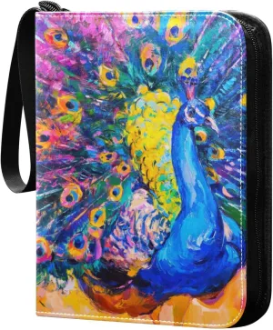 Card Binder 4 Pocket, Trading Card Binder Holder Fits 400 Cards with 50 Sleeves, Card Collection Binder Album Book Holder for Baseball Football Games Cards, Colorful Peacock