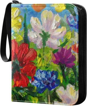 Card Binder 4 Pocket, Trading Card Binder Holder Fits 400 Cards with 50 Sleeves, Colorful Flowers Painting Card Collection Binder Album Book Holder for Baseball Football Games Cards