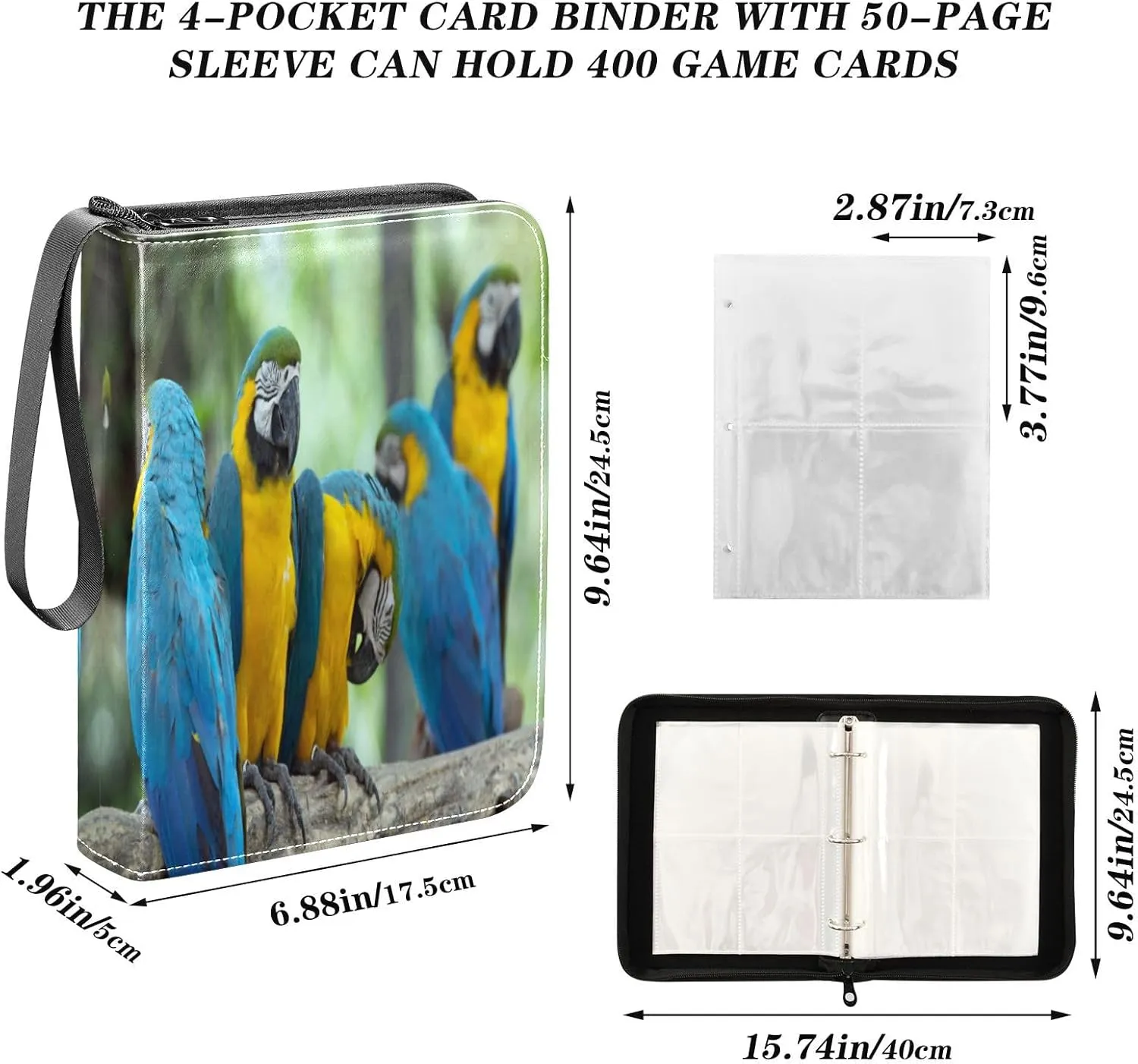 Card Binder 400 Pockets Trading Card Binder Holder with 50 Removable Sleeves,Card Binder Album with Zipper Portable Card Folder for Baseball Football Games Sports Cards,Colorful Macaws Parrots