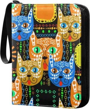 Card Binder Colorful Tribal Ethnic Cats Trading Card Album with 50 Removable Sleeves Fits 400 Cards