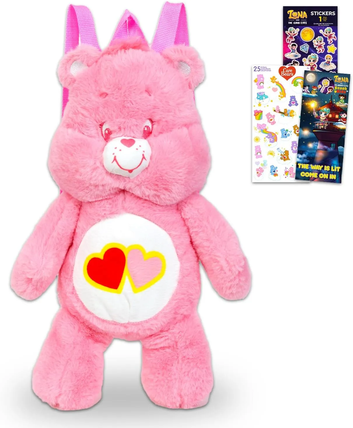 Care Bears Love-a-Lot Bear Plushie Set - Bundle with 17" Plush Doll with Carrying Straps Plus Stickers, More | Care Bears Stuffed Animal for Kids
