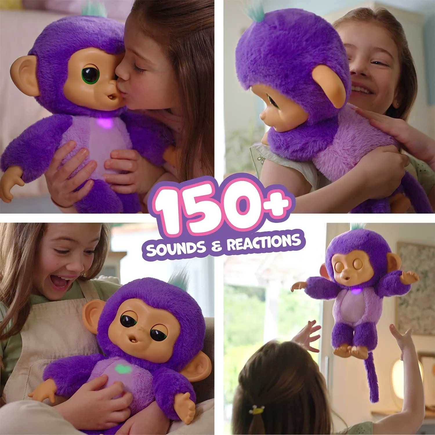 Care ‘n’ Cuddles Interactive Baby Monkey, Sunny (Purple), Toys for 3 Year Olds, 150  Sounds and Reactions, Heart Lights Up