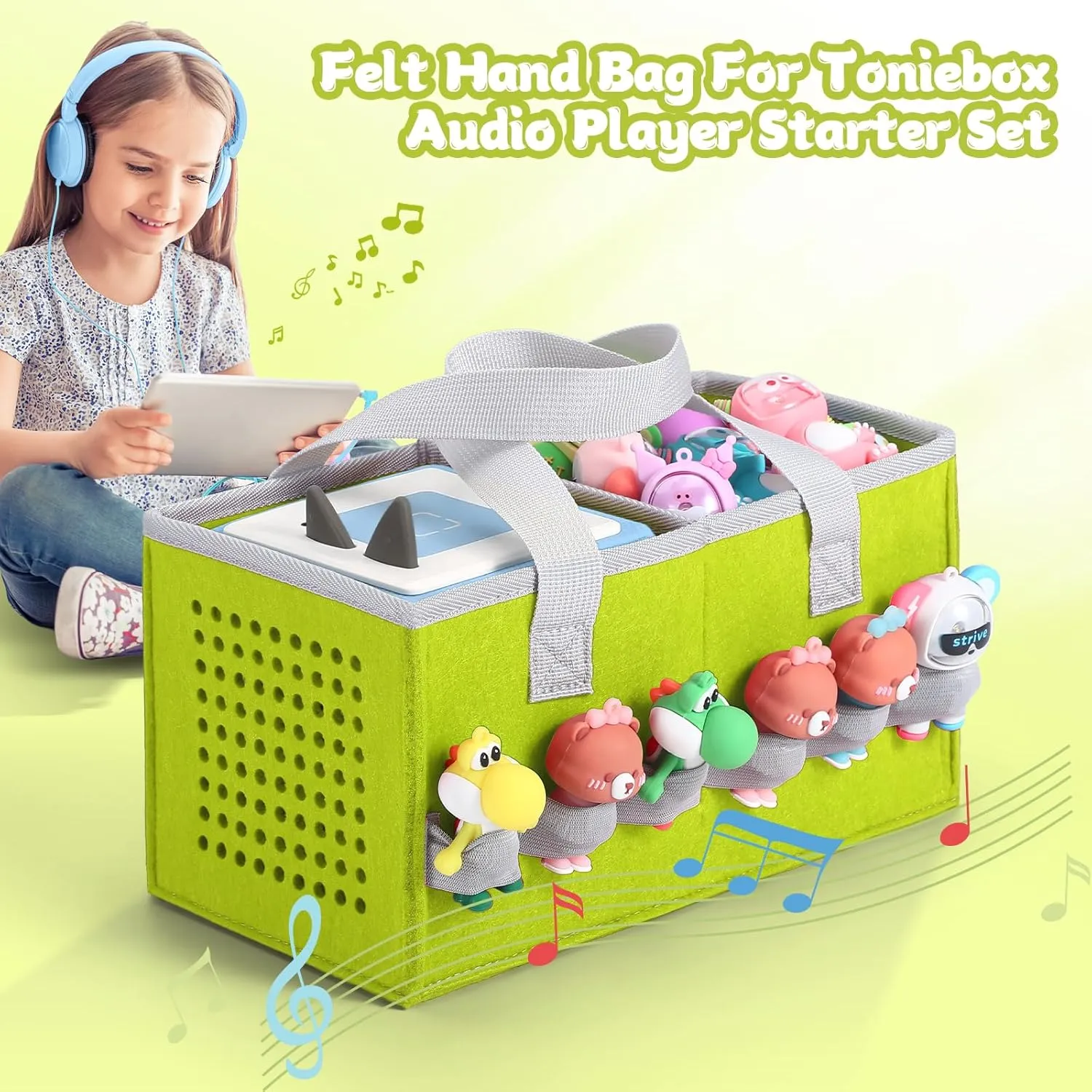 Carrying Case for Toniebox Starter Set and Tonies Figurines, Felt Organizer Travel Bag with Strap for Tonies Box, Travel Cloth Musical Toy Folding Bag for Toniebox Accessories