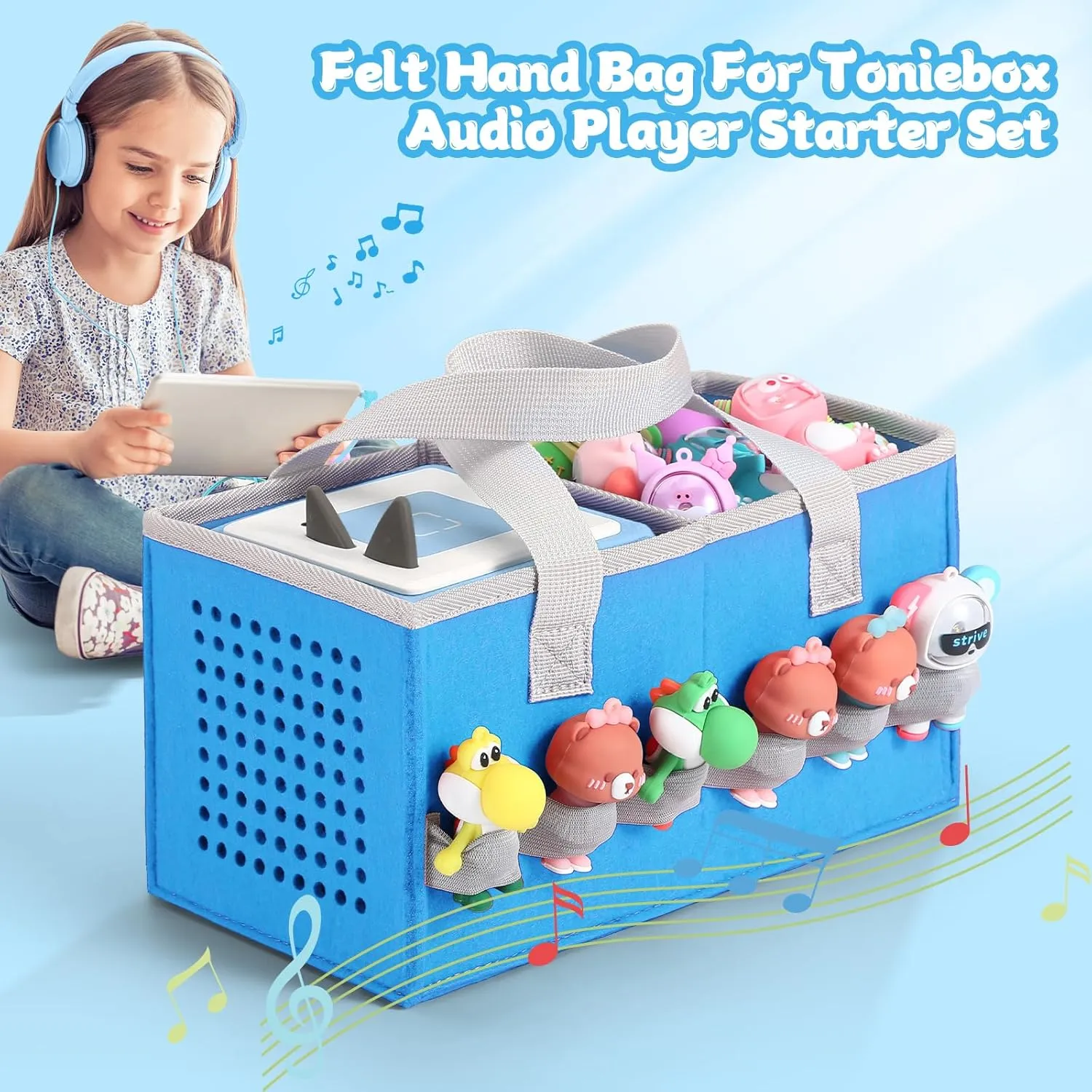 Carrying Case for Toniebox Starter Set and Tonies Figurines, Felt Organizer Travel Bag with Strap for Tonies Box, Travel Cloth Musical Toy Folding Bag for Toniebox Accessories