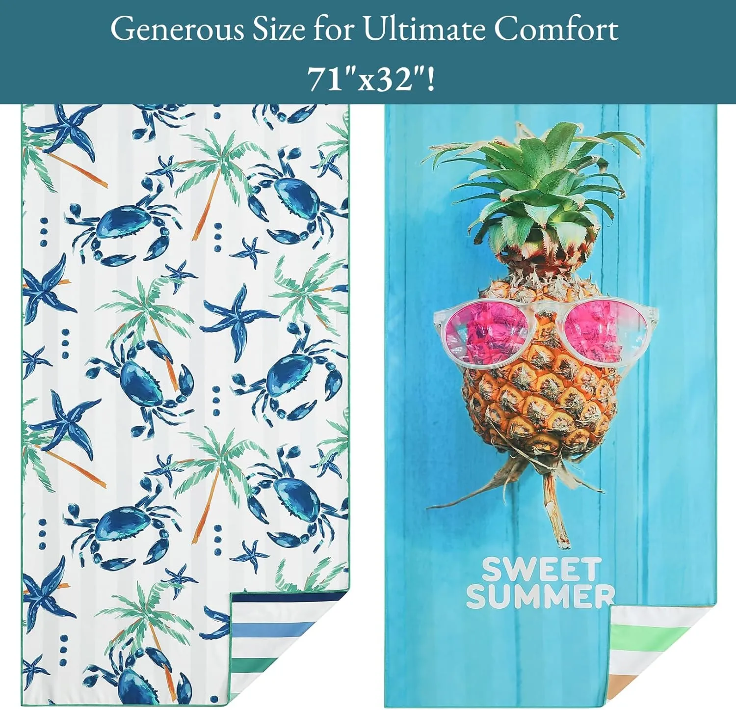 Casa Platino Beach Towel Set of 6 – Extra Large 71"x32" Sand Free Microfiber Towels, Quick Dry & Lightweight with Double-Sided Prints, Mesh Bag Included, Beach Bag Essentials for Travel – Maslin