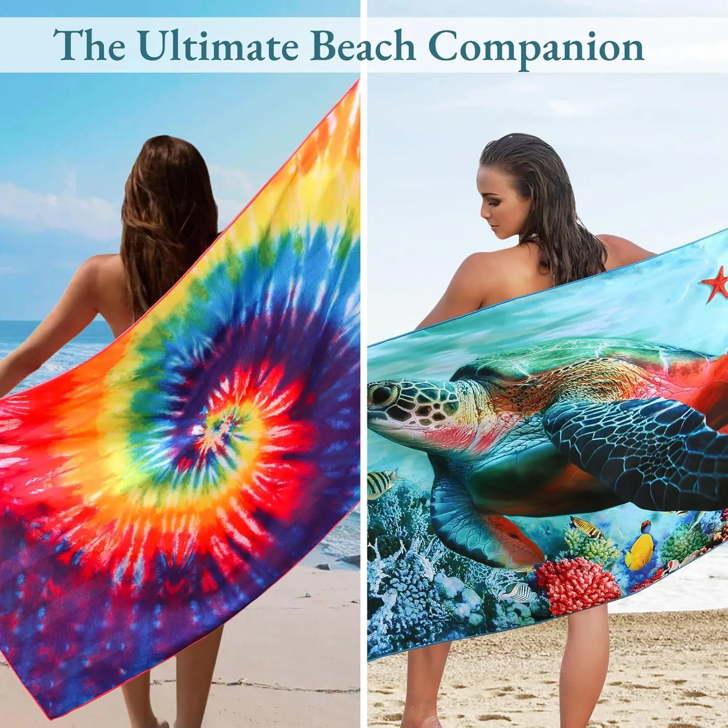 Casa Platino Beach Towel Set of 6 – Extra Large 71"x32" Sand Free Microfiber Towels, Quick Dry & Lightweight with Double-Sided Prints, Mesh Bag Included, Beach Bag Essentials for Travel – Maslin