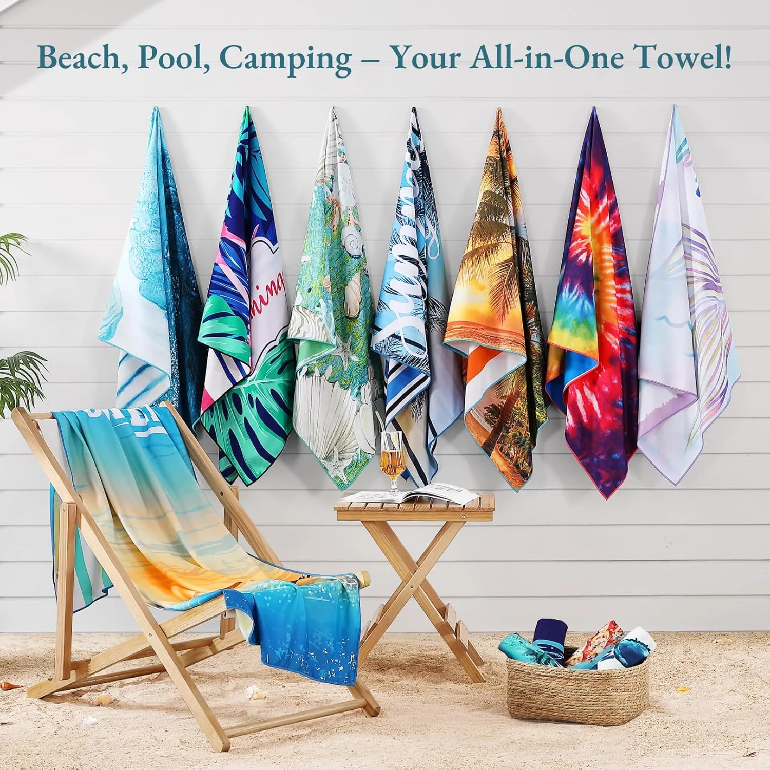 Casa Platino Beach Towels 4 Pack - 32"x71" Quick Dry Sand Free Microfiber Beach Towel with Beach Bag, Summer Print for Pool & Travel, Dual Sided Print, Lightweight Compact Swimming Towel Set - Palm