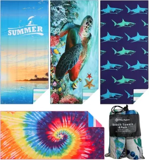 Casa Platino Beach Towels 4 Pack - 32"x71" Quick Dry Sand Free Microfiber Beach Towel with Beach Bag, Summer Print for Pool & Travel, Dual Sided Print, Lightweight Compact Swimming Towel Set - Palm