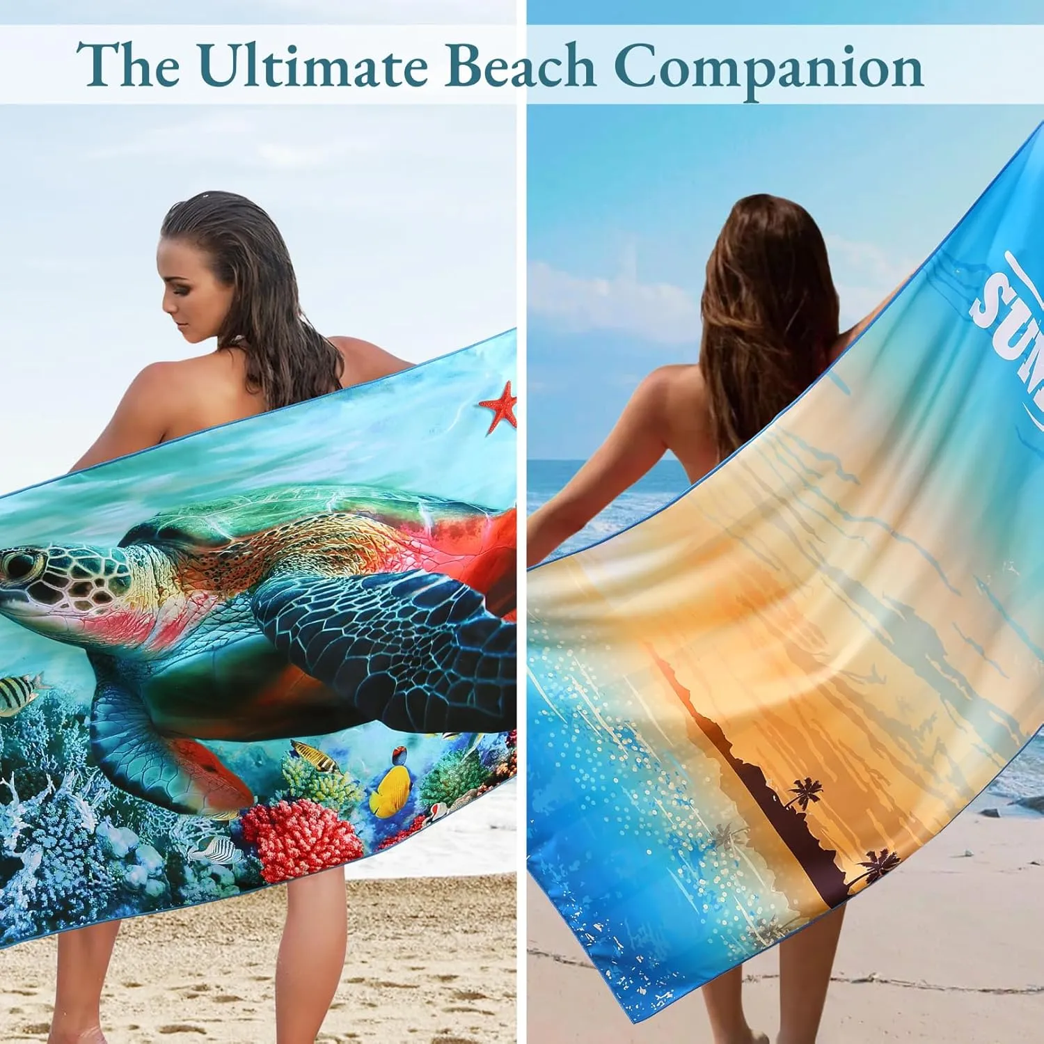 Casa Platino Beach Towels 4 Pack - 32"x71" Quick Dry Sand Free Microfiber Beach Towel with Beach Bag, Summer Print for Pool & Travel, Dual Sided Print, Lightweight Compact Swimming Towel Set - Palm