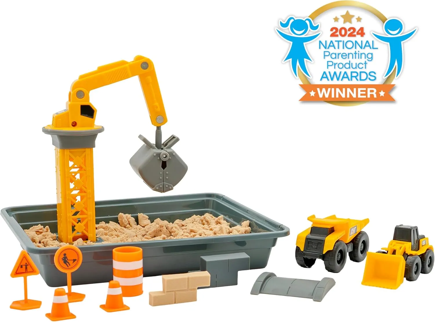 CAT Construction Toys, Dig N' Build Dirt Playset with 12 OZ of Dirt Compound, 2 Little Machine Vehicles, Crane, molds, and Storage Tray, Indoor/Outdoor Play for Kids Ages 3 