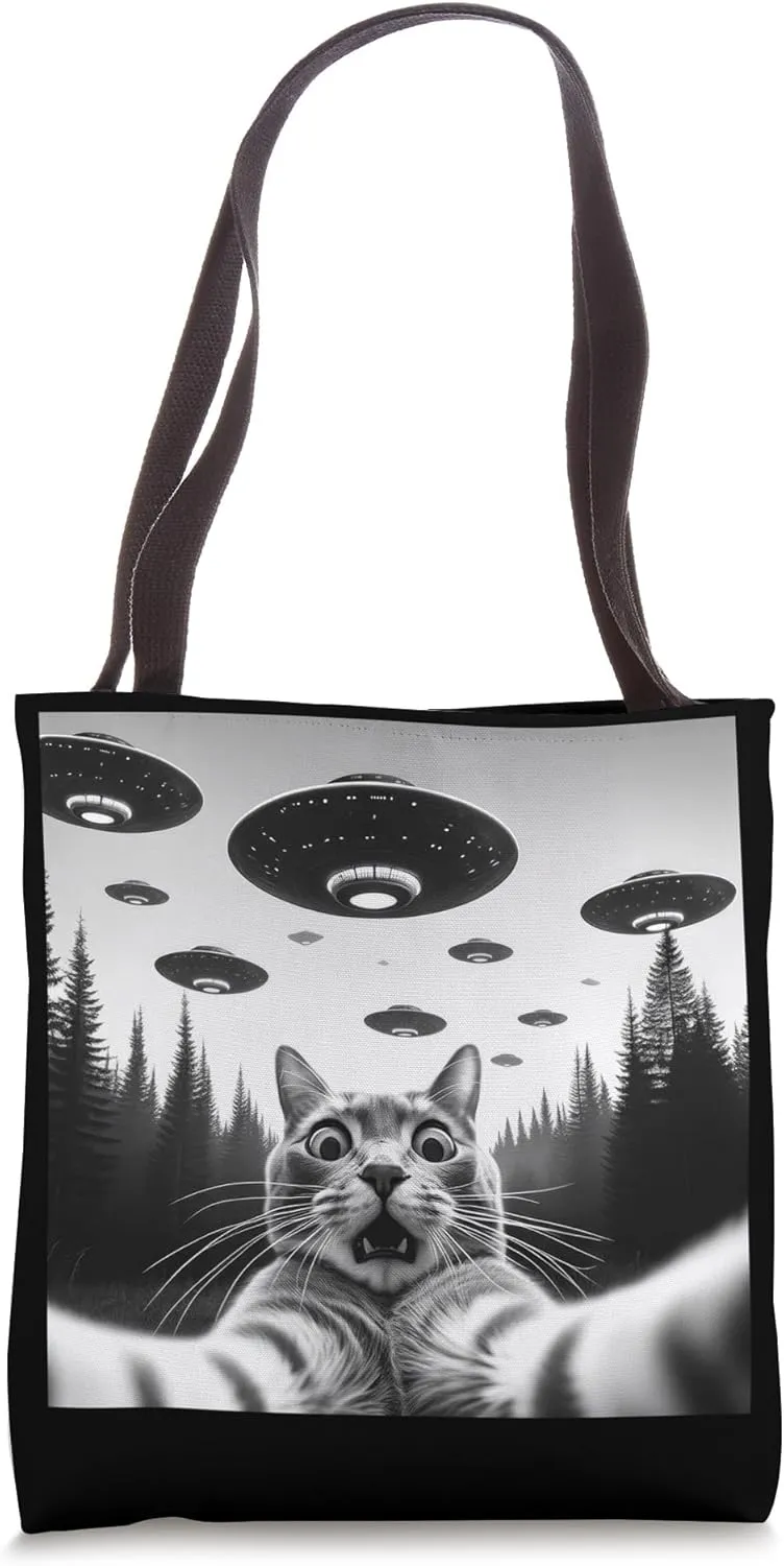 Cat Meme Alien Invasion Kitty Vintage Flying Saucer Ufo Tote Bag