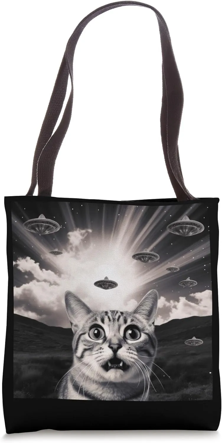 Cat Meme Alien Invasion Kitty Vintage Flying Saucer Ufo Tote Bag