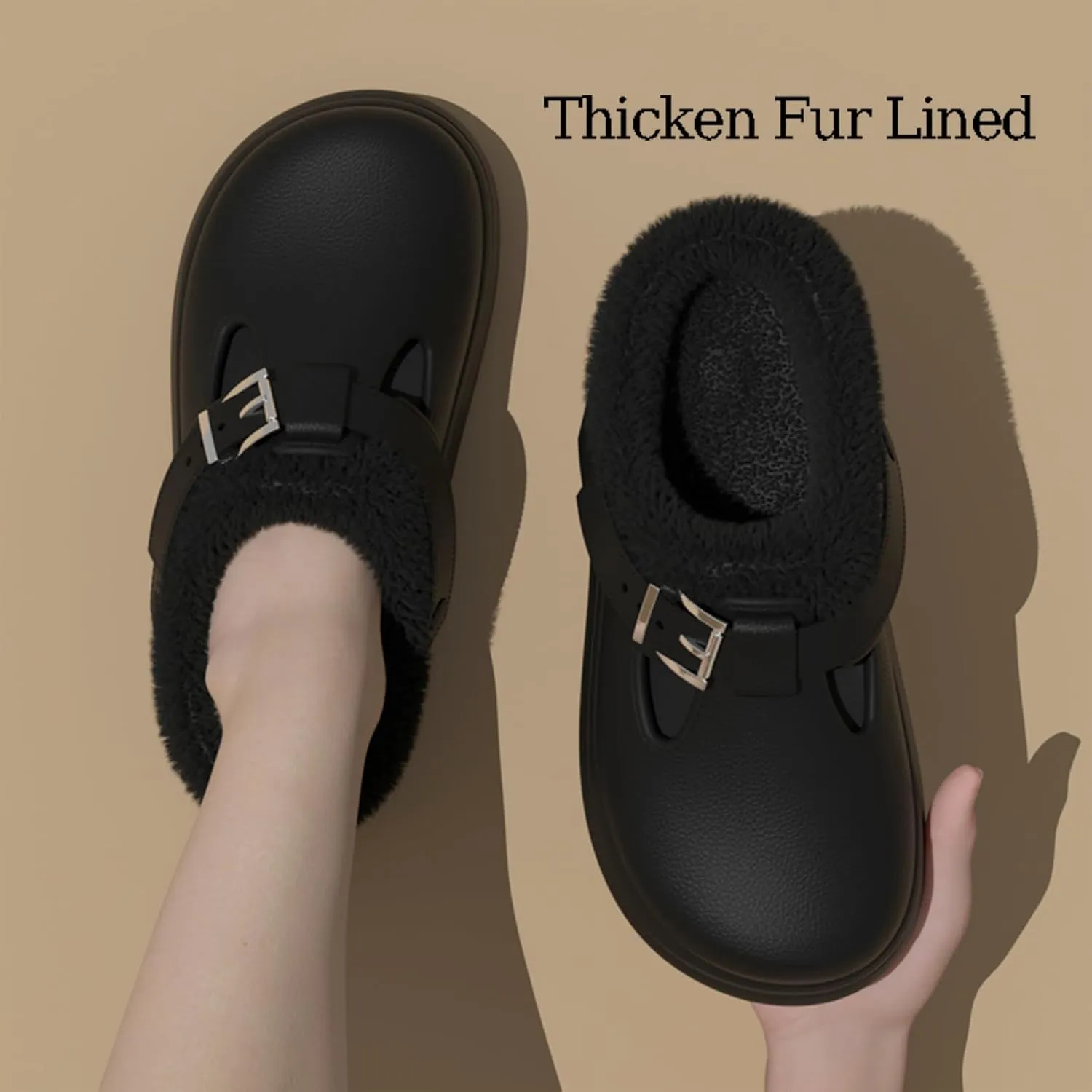 ChayChax Women’s Fur Lined Clogs Waterproof Warm Fuzzy Slippers for Indoor Outdoor with Adjustable Buckle