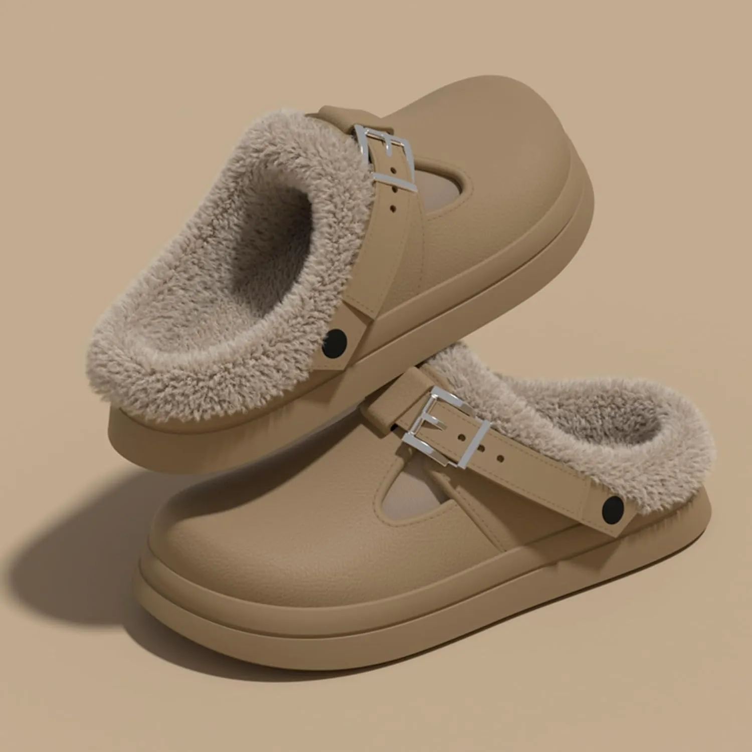 ChayChax Women’s Fur Lined Clogs Waterproof Warm Fuzzy Slippers for Indoor Outdoor with Adjustable Buckle
